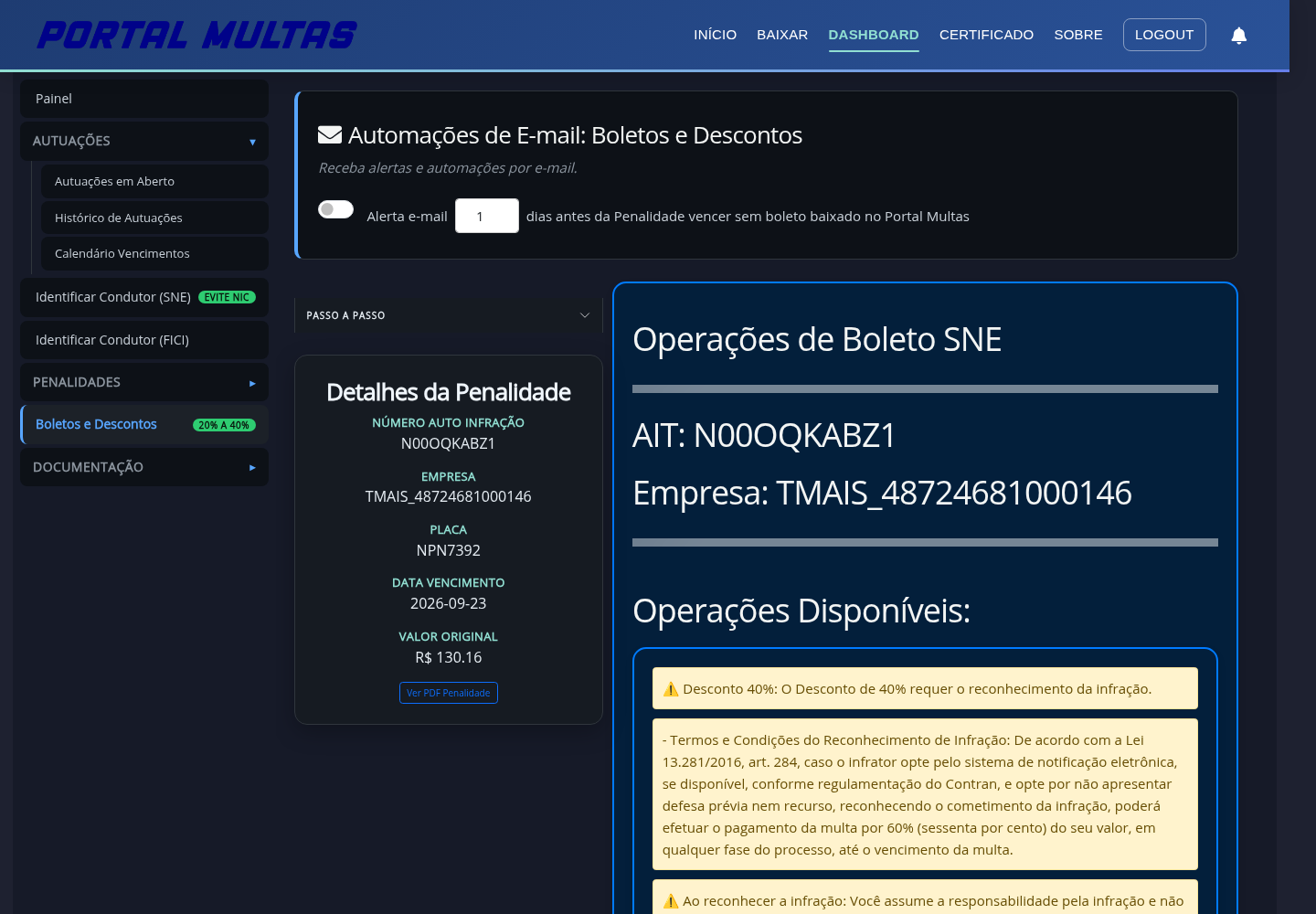 Aba Boletos e Descontos no painel Portal Multas