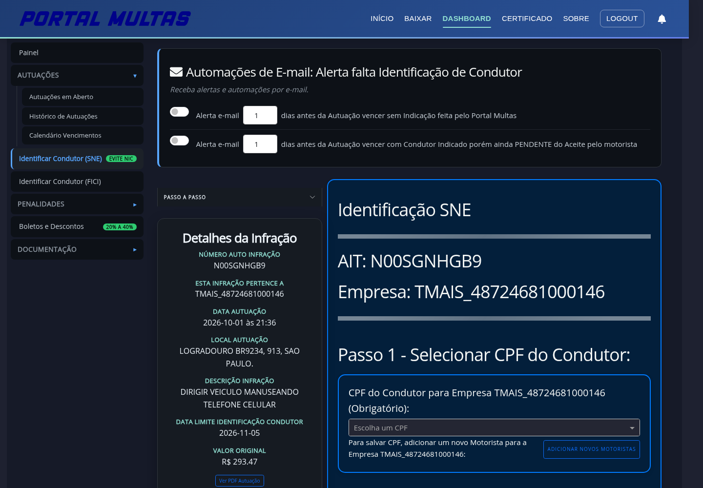 Aba Identificar Condutor SNE no painel Portal Multas