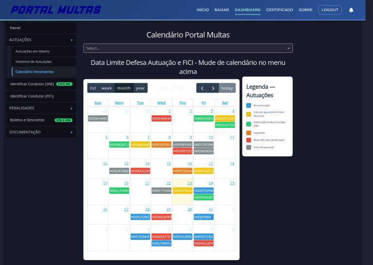 Calendário de prazos de autuações com status por cor