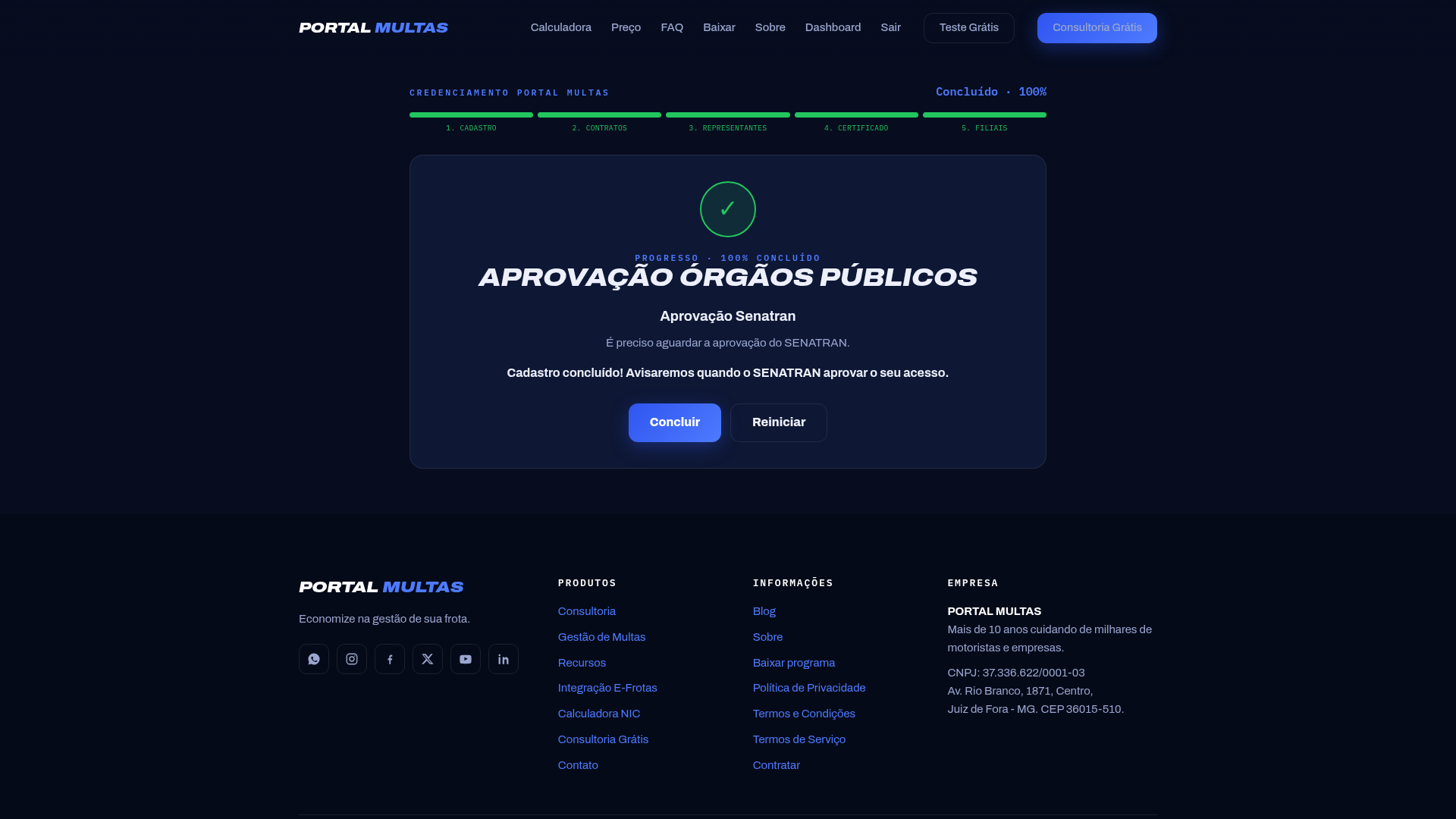 Tela final do credenciamento do Portal Multas aguardando aprovação do SENATRAN