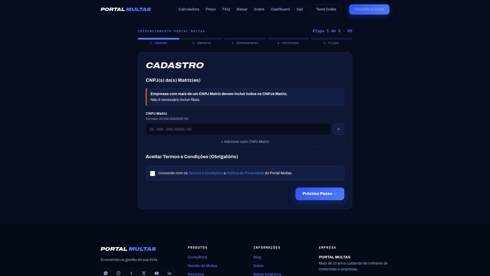 Assistente de credenciamento do Portal Multas, etapa 1 Cadastro